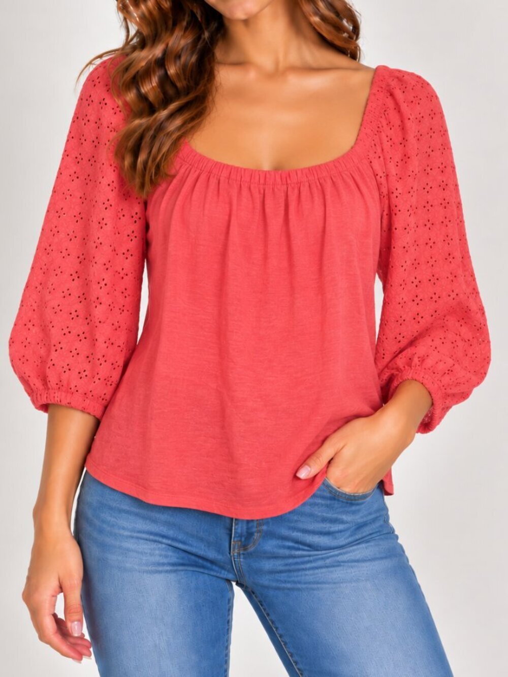 Sanctuary Zooey Coral Blouse with Eyelet Sleeves square neck loose size S (330)